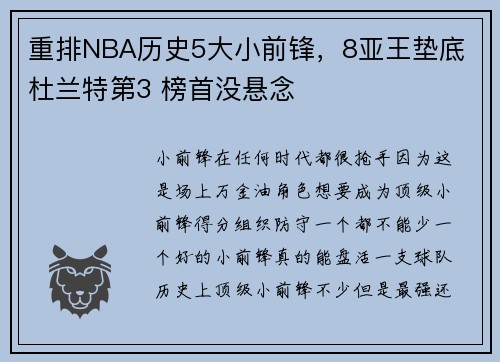重排NBA历史5大小前锋，8亚王垫底 杜兰特第3 榜首没悬念